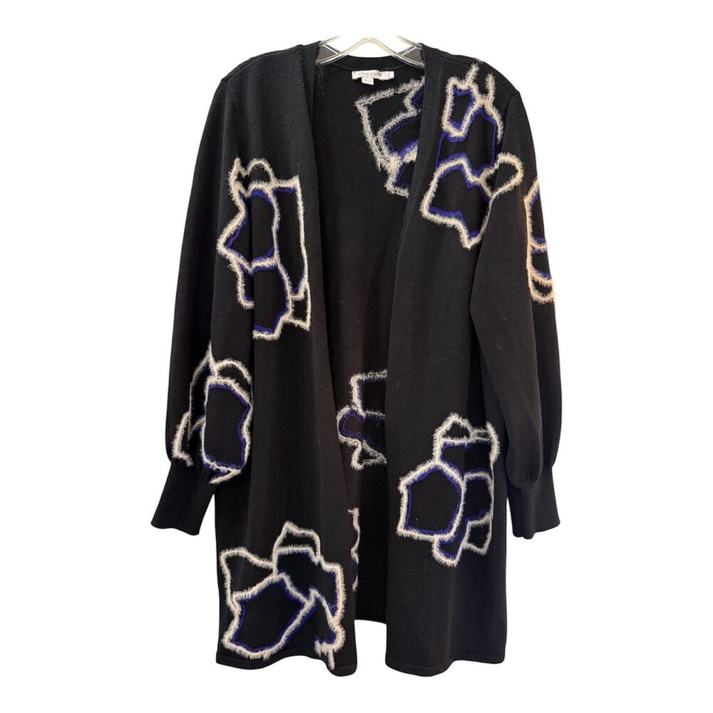 Chicos Open Front Sweater Cardigan Duster Kimono XL (3) 16/18 Black White Blue